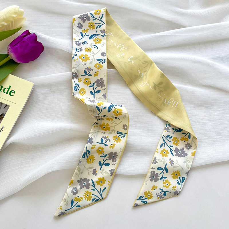 Amarillo Blanco pequeña bufanda de seda para las mujeres de primavera y verano delgada tira estrecha corbata de pelo bolsa decoración de alta sentido bufanda banda de pelo cinta