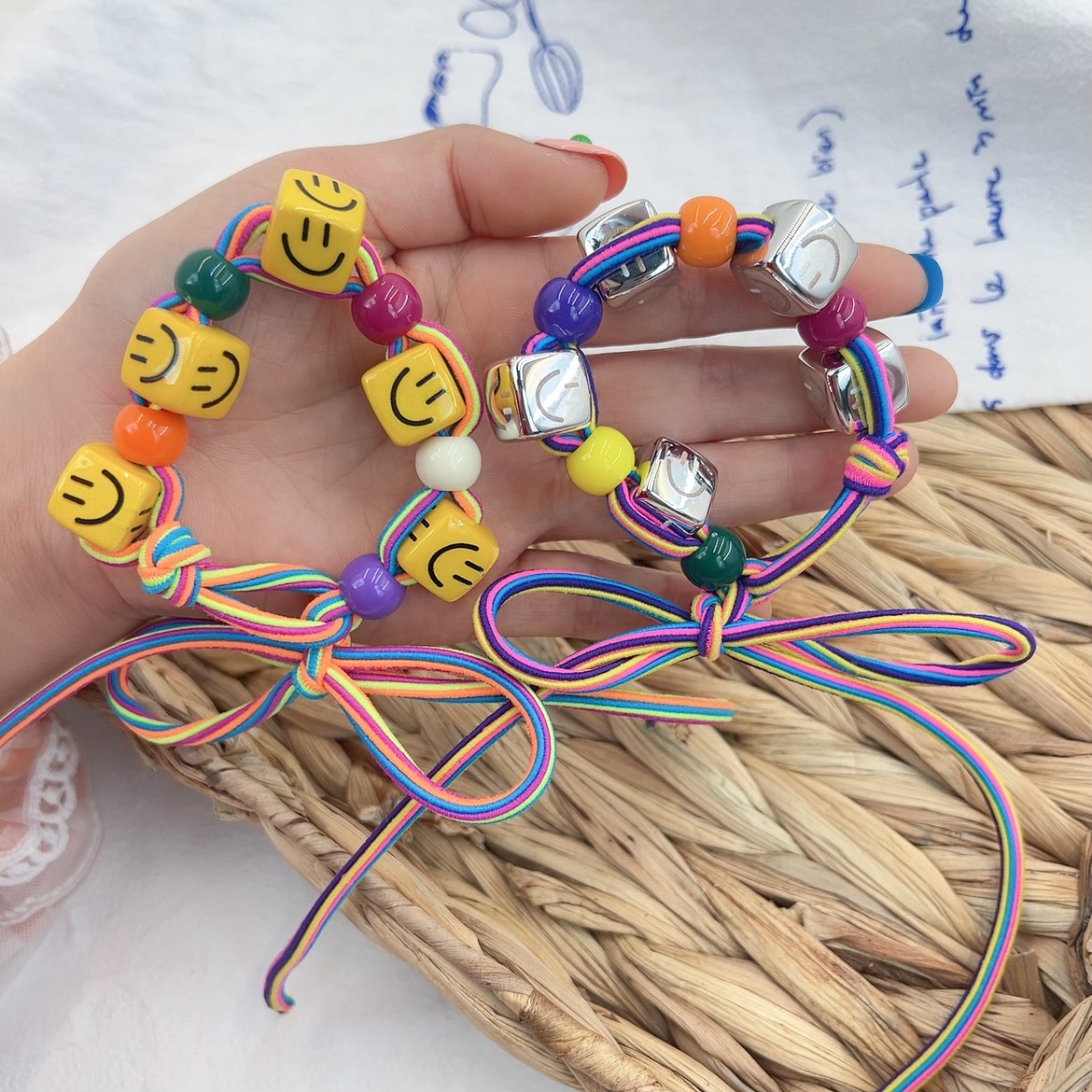 東大門新款卡通方塊彩色手作頭繩打結髮繩高級感扎頭髮高彈力發繩