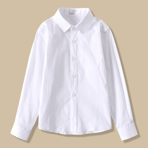 Spring and Autumn Unironed White Shirt for Boys, Long Sleeve, Pure Cotton, Primary School Uniform, Children's Performance Costume, White Shirt for Girls