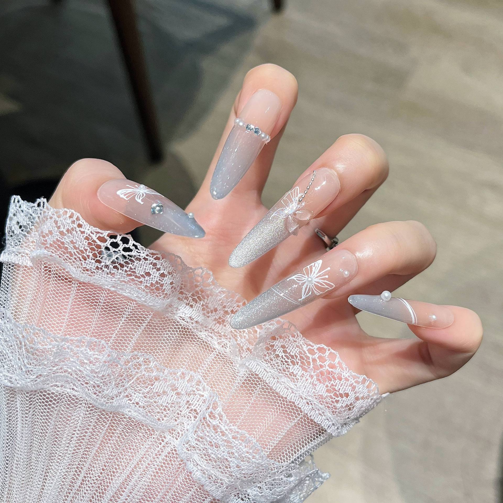 Uñas postizas hechas a mano estilo puro deseo, estilo ojo de gato francés largo, arte de uñas de Año Nuevo, piezas de uñas desmontables terminadas al por mayor. image 130