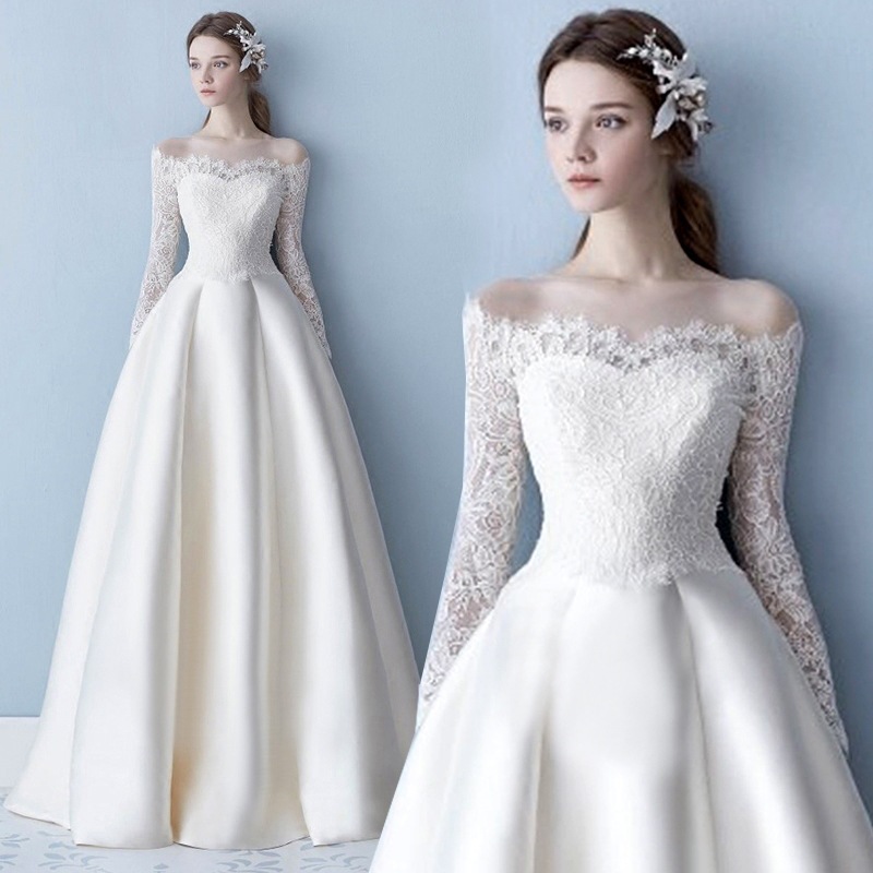 Europäisch-amerikanischer Stil, bodenlang, neues Modell 2026: Brautkleid aus Spitze und Satin mit hohem Bund und Schleppe_voghion.com