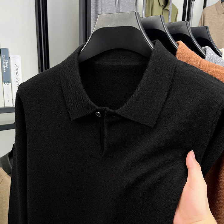 Polo de color sólido para hombres otoño y invierno moda jacquard camiseta de regazo de manga larga regazo nuevo suéter de hombre casual