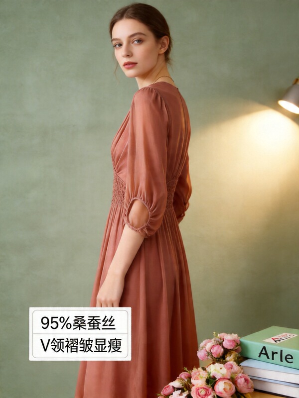 2025 Summer New Style Silk Dress with a Fashionable and Elegant Look, Slimming and Versatile V-Neck, Beaded Ruching, and Slimming Mulberry Silk