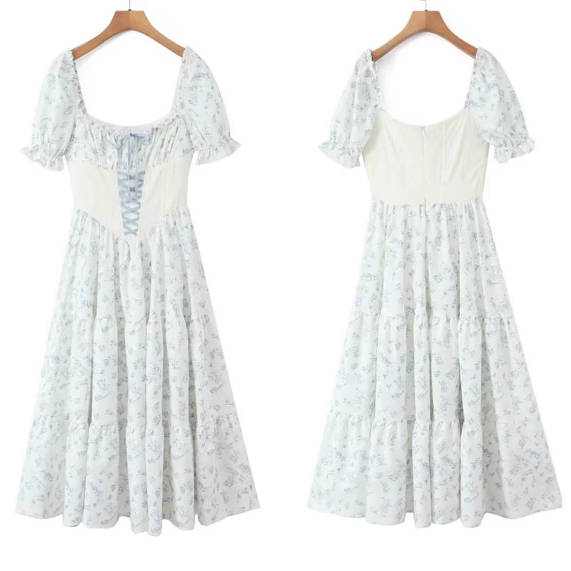 New Foreign Trade French-Style Sweet Puff Sleeve Princess Dress, Blue Floral Fishbone Waist-Cinching Tie Long Dress, Trendy New Foreign Trade French-Style Sweet Puff Sleeve Princess Dress, Blue Floral Fishbone Waist-Cinching Tie Long Dress, Trendy