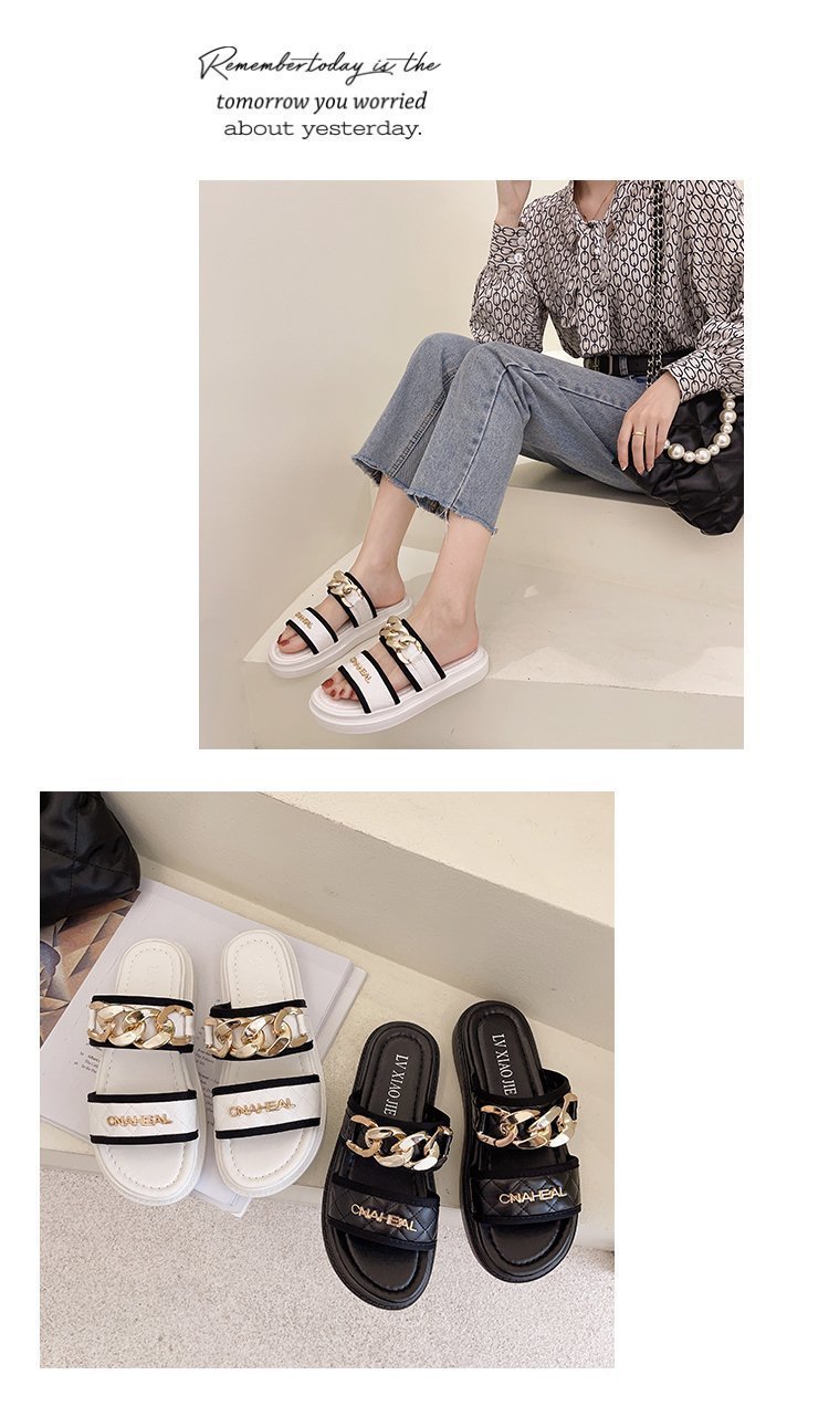 Damen-Oberbekleidung, Keilabsätze, Influencer-Intrend-Sandalen, 2021 neuer Mode-Tanga mit Metallkette und dicker Sohle_voghion.com
