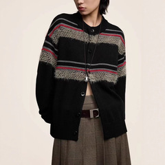 仿貂毛条纹复古学院风圆领宽松毛织针织开衫女