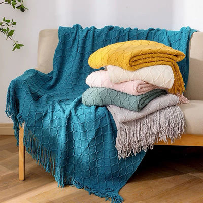 沙發毯子蓋布北歐複古菱格毛線純色針織毯床尾搭毯搭巾床尾巾蓋毯