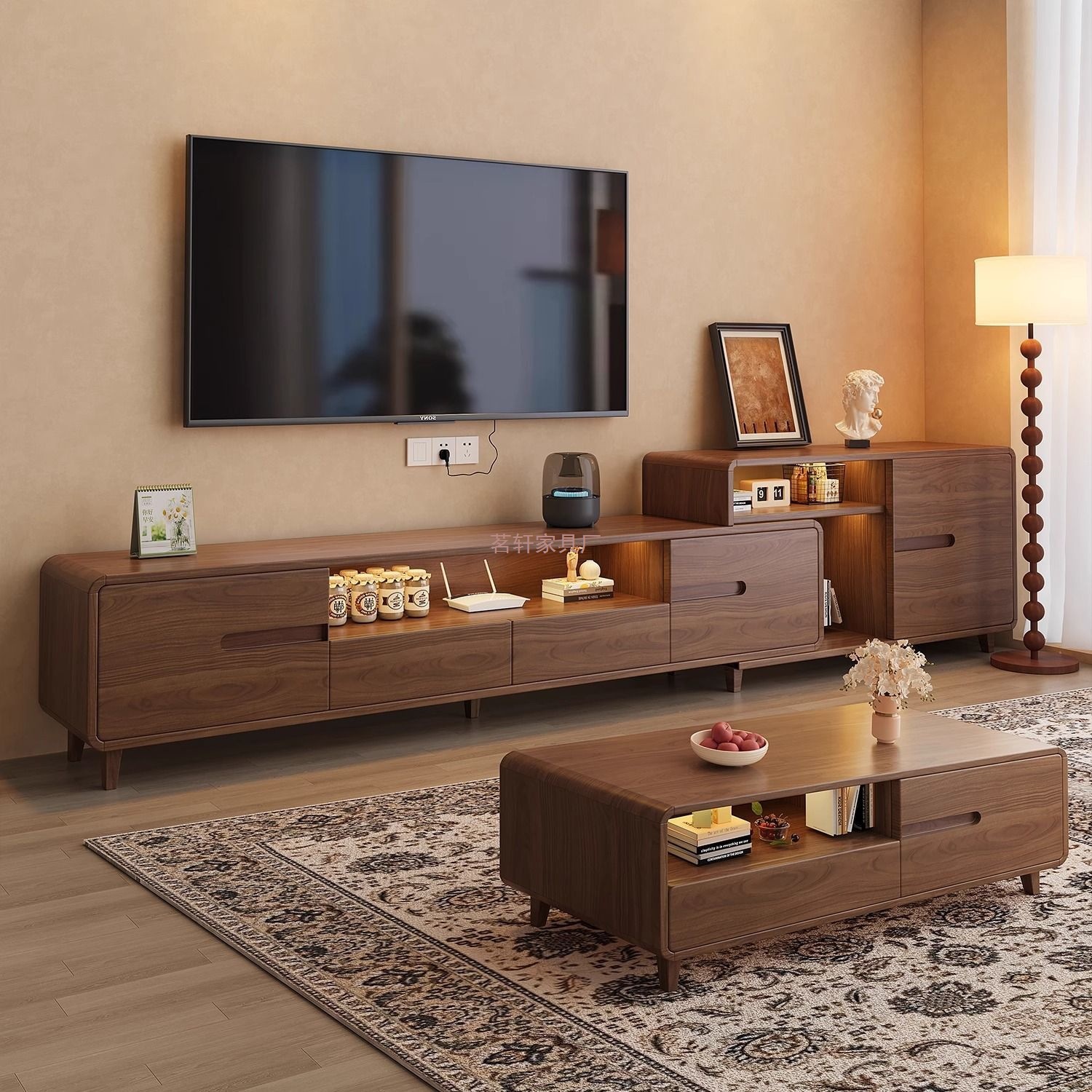 Tv Cabinet Solid Wood Coffee Table Combination New Chinese Style Home Living Room Floor-Standing Simple Film and Television Storage Cabinet Light Luxury