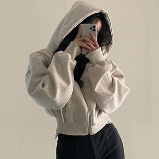 2024 New Autumn and Winter Ins Fleece-Lined Versatile Fashionable Short Slim Zipper Warm Pure Color Hooded Sweatshirt for Women