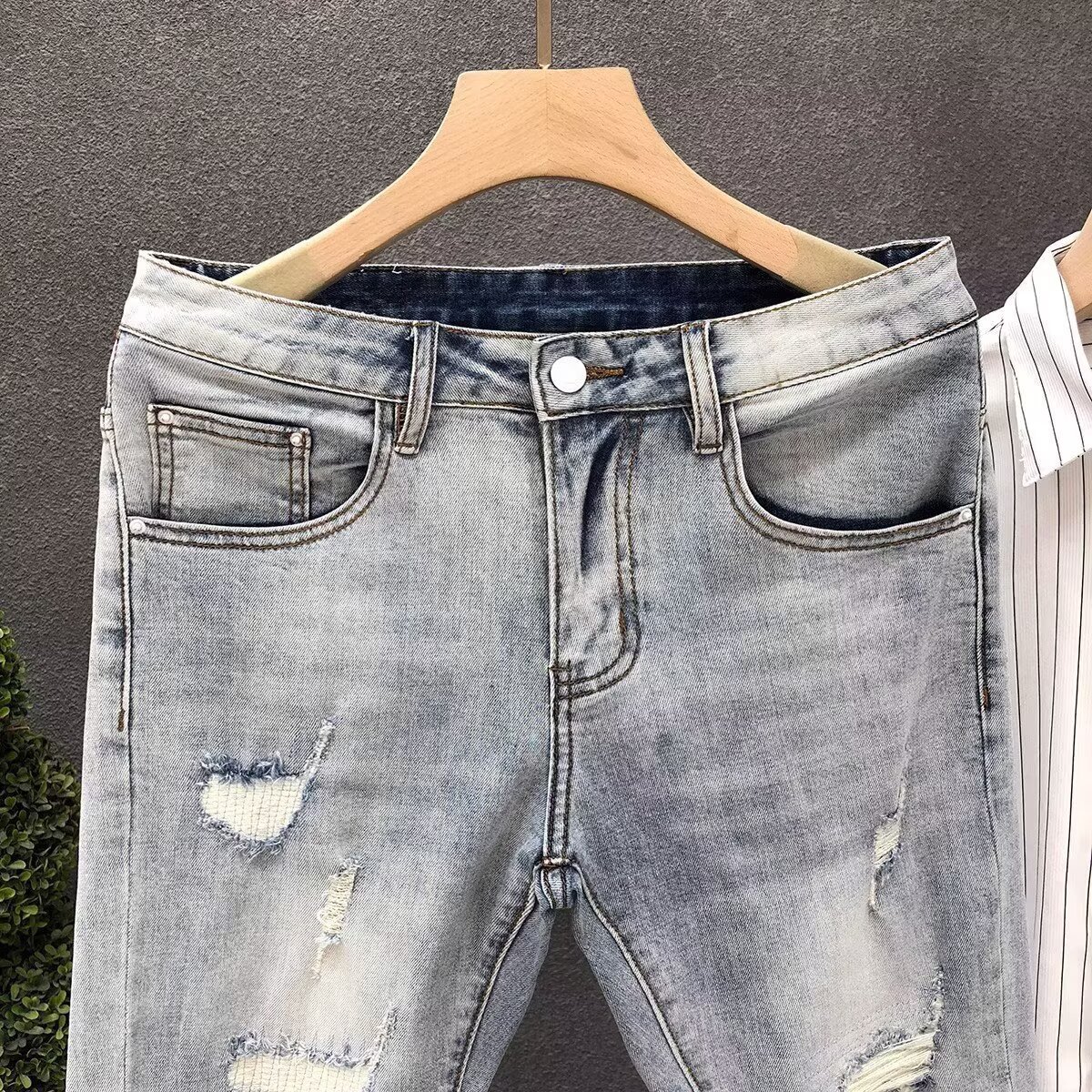 Men's Summer Thin Ripped Jeans Trendy Brand Slim Fit Korean Style Stretchy Casual Cropped Pants_mkmklike.com