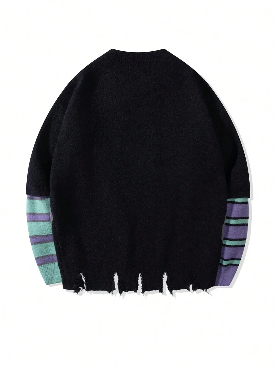 Herrenbekleidung Retro Street Fashion Kontrastfarbe Cartoon-Print lockerer Pullover zweiteiliger Pullover_voghion.com