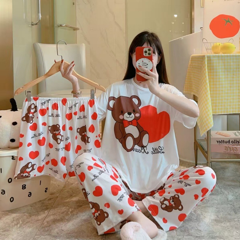 Pijamas de verano transfronterizos pijamas de leche de seda de tres piezas set de dibujos animados comercio exterior ropa para el hogar pantalones de mangas cortas lindos