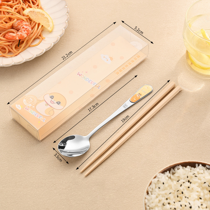 304ステンレス携帯食器かわいいアニメ子供食器学生箸スプーンフォーク食器3点セット|undefined