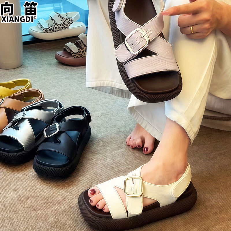 Cowhide Sandals for Women, Summer 2026 New Style, Thick-Soled, Ultra-Comfortable, Open-Toe, Velcro Roman Beach Shoes