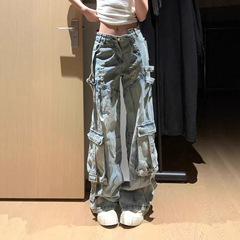 美式复古解构飘带工装牛仔裤女秋季高街多口袋破洞宽松直筒阔腿裤
