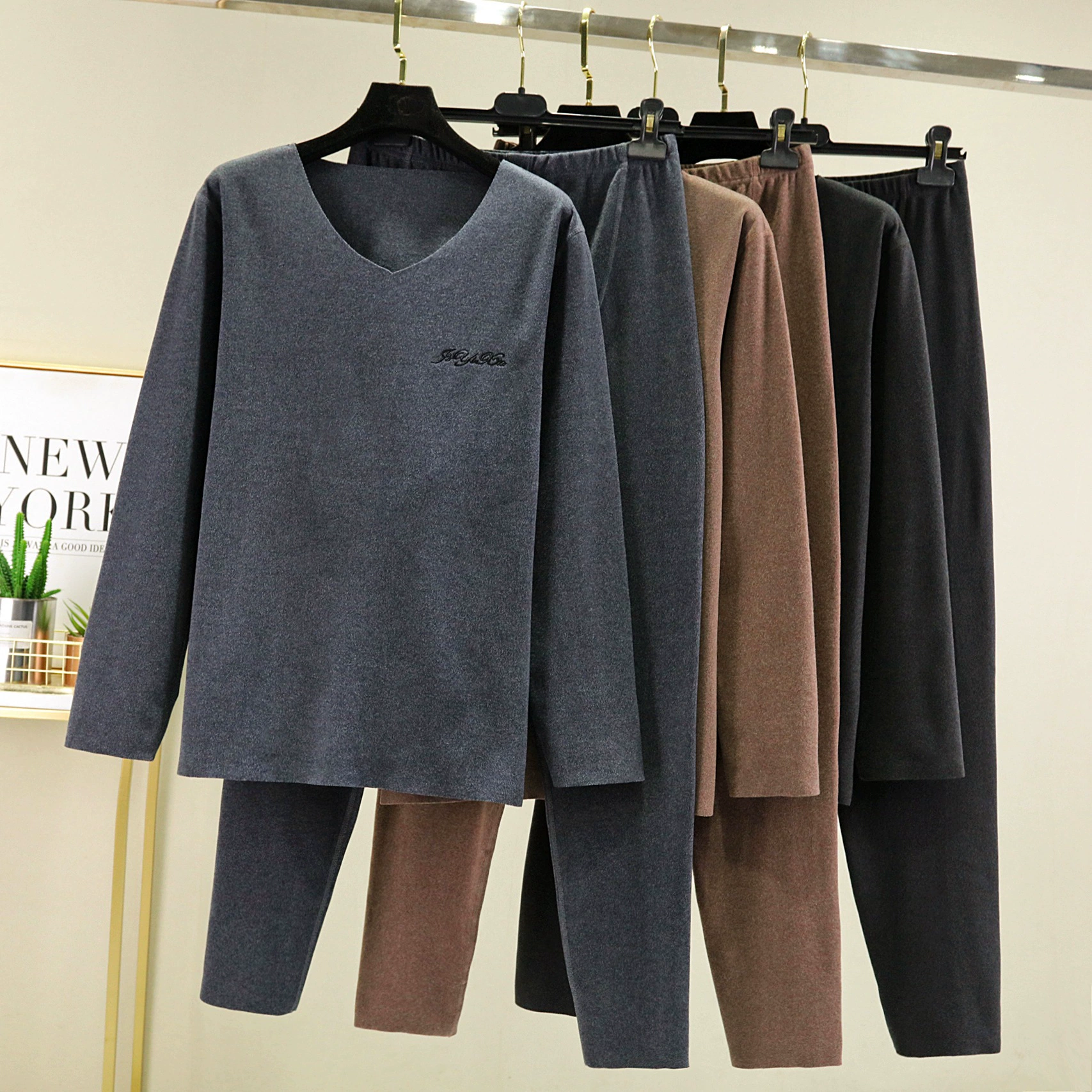 Мужское термобелье больших размеров, двустороннее бархатное утолщенное бесшовное длинное основание костюма с V-образным вырезом