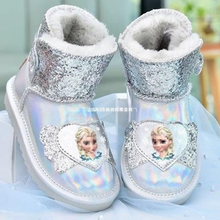 Girls' Snow Boots Waterproof Snow Cotton Winter Fleece-Lined Kidsren's Shoes Waterproof Cotton Boots Elsa Princess Large Cotton Shoes