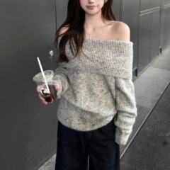 长袖上衣灰色露肩韩系套头毛衣女慵懒风一字肩休闲显瘦气质小个子