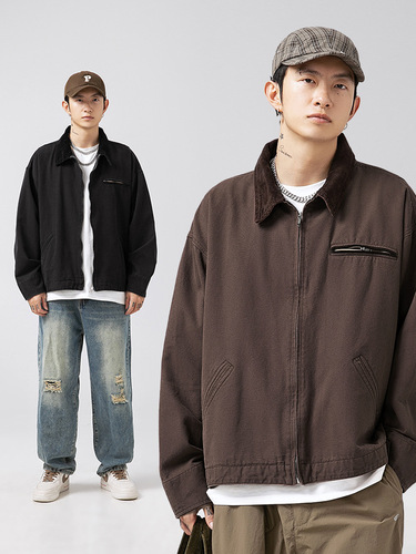Vintage distressed washed Detroit jacket—spring new arrival, Japanese-style loose-fit corduroy patchwork lapel coat Q.
