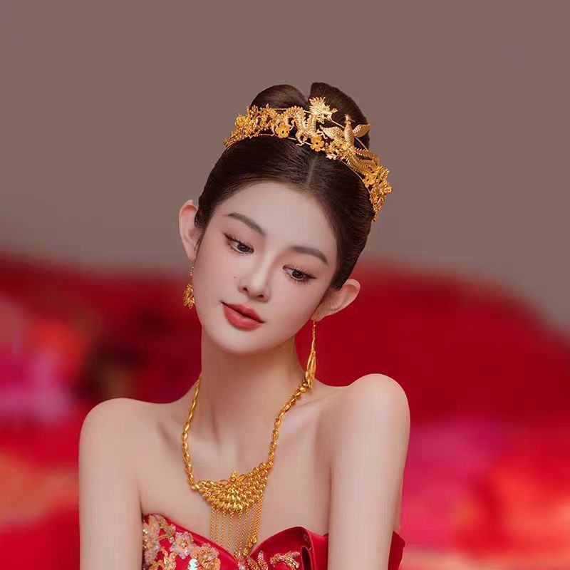 新娘秀禾头饰金色中式凤冠发冠龙凤金色皇冠秀禾服中式新娘头饰|undefined
