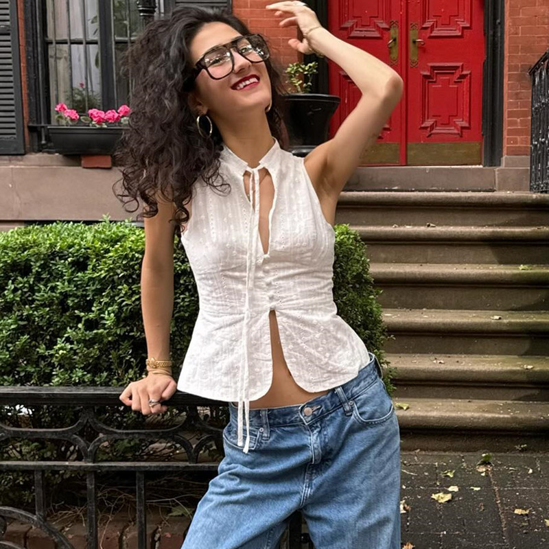 Foreign Trade AliExpress 2024 Summer New Fashion Street Sexy Navel Slim Lace-up Sleeveless Vest Top for Women