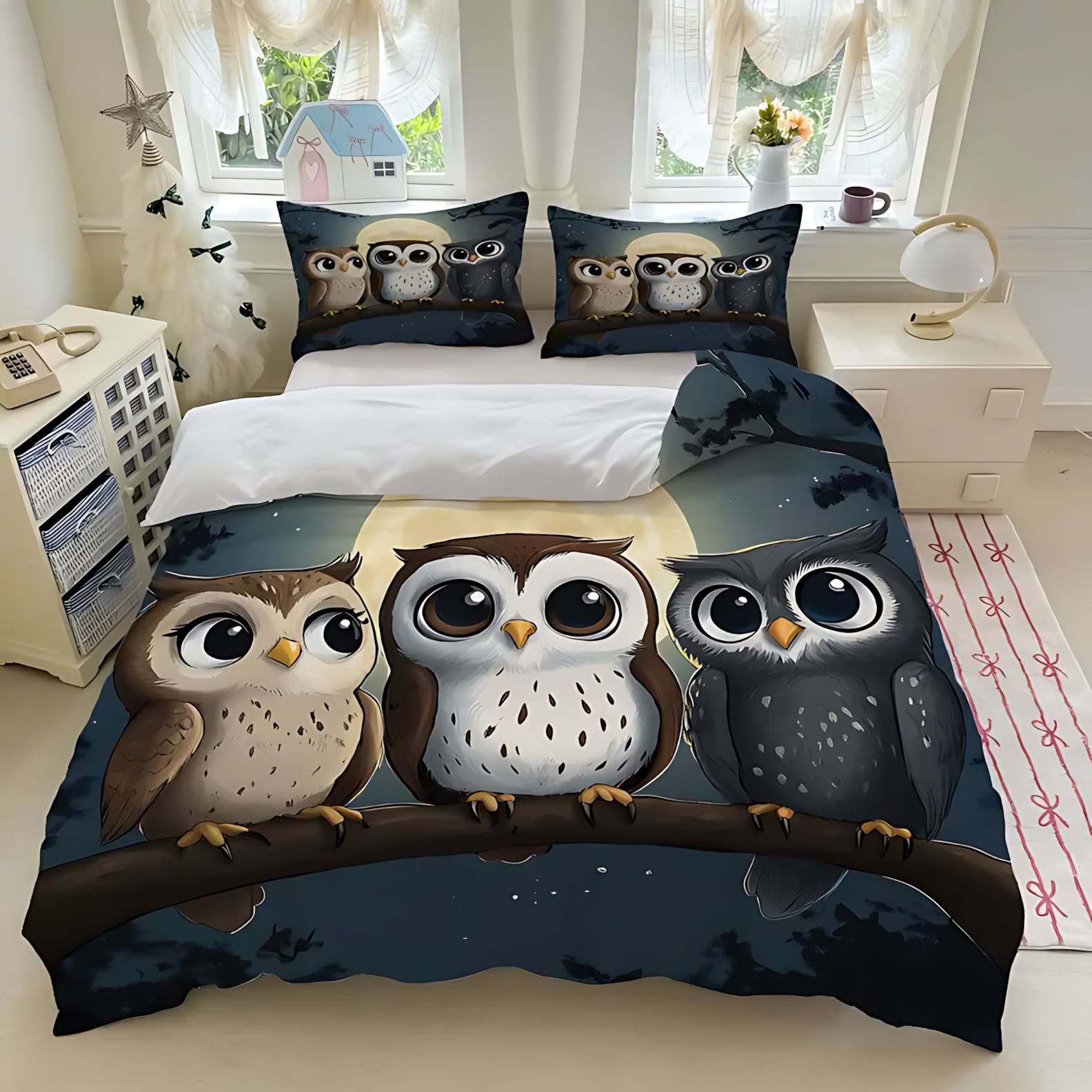 Temas de dibujos animados TEMU / JIT de comercio exterior búho impresión digital 3D cubierta de edredón con kit de cama para dibujar se puede hacer