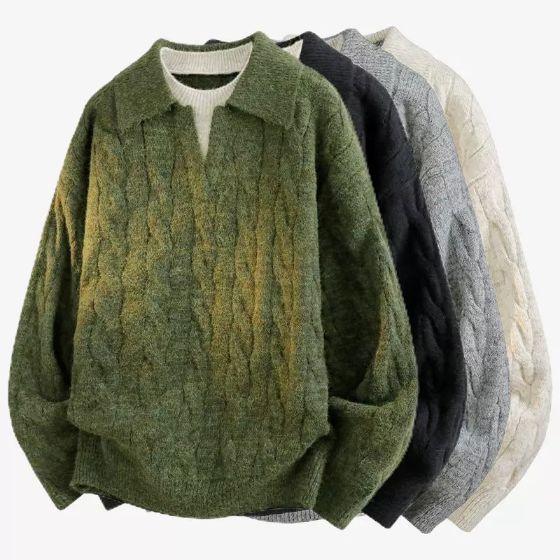 跨境爆款欧码大码假两件POLO衫V领麻花针织衫毛衣男高级工厂批发