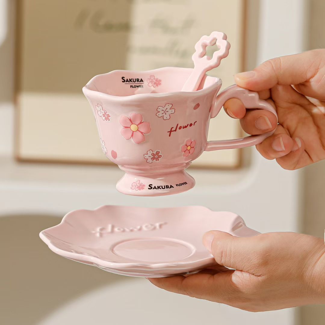 Personalidad creativa rosa taza de cerezo combinación de taza de cerámica de té de la tarde regalo de mano taza de café de niñas transfronterizas
