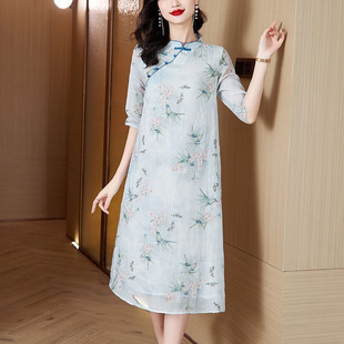 Chinese Style Dress Tencel Ramie Summer New Cheongsam Dress Mom Chinese Retro Slimming Improved Floral Skirt