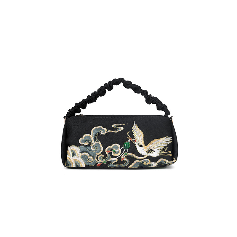 Black Embroidered Coin Purse - Vintage Qipao Banquet Clutch, Leather Handle Embroidered Shoulder Bag (In Stock) - Thumbnail 5