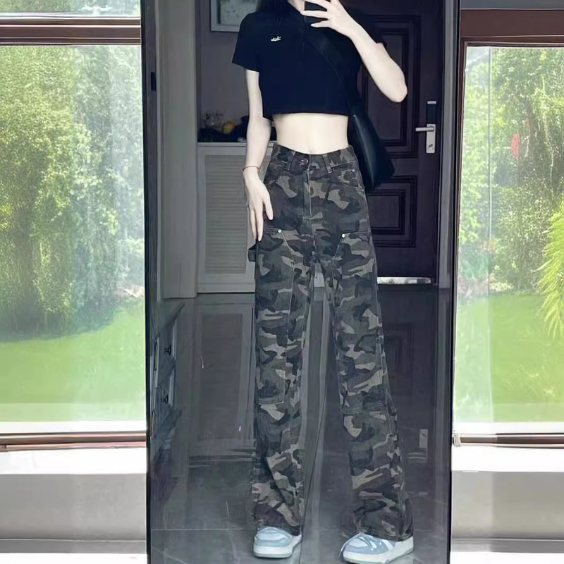 American Style Retro Camouflage Jeans Women's New High Waist Straight Loose Slimming Workwear Long Pants High Street Ins Trendy