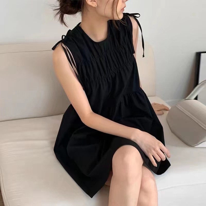 韓国のchi丸首のしわ感の蝶結びはノースリーブのベストのワンピースの女性の外で韓国系のシャツを掛けます。|undefined