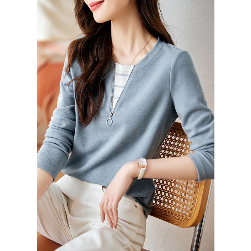 Collar Stitching Striped T-shirt for Autumn 2023 New Style Mogo Fish Yuan Chuang Fashion Casual Collar Stitching Striped T-shirt