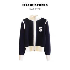 新高品质刺绣拼色针织开衫毛衣女秋冬休闲长袖羊毛双拉链外套上衣