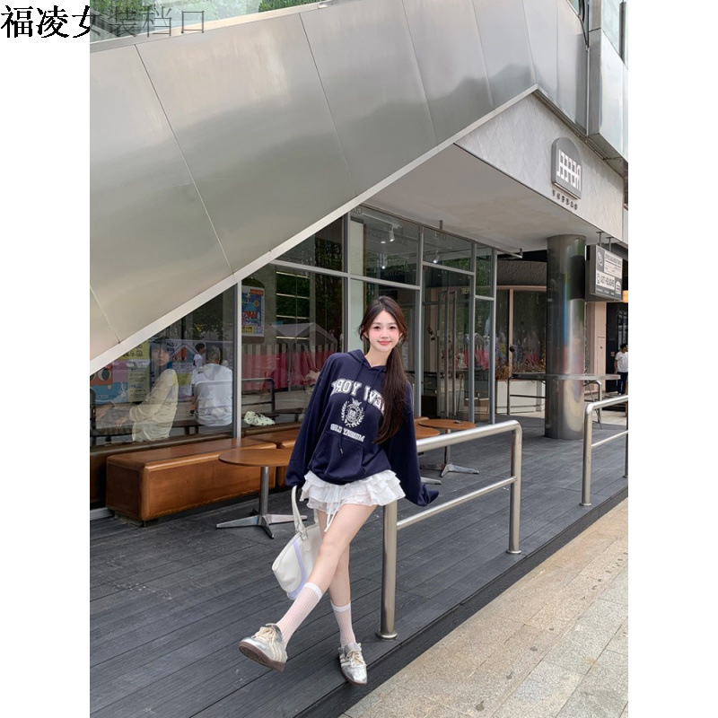 미국 지구 특대 레트로 인쇄 후드 스웨트 여성 가을 캐주얼 루즈 숄더 탑