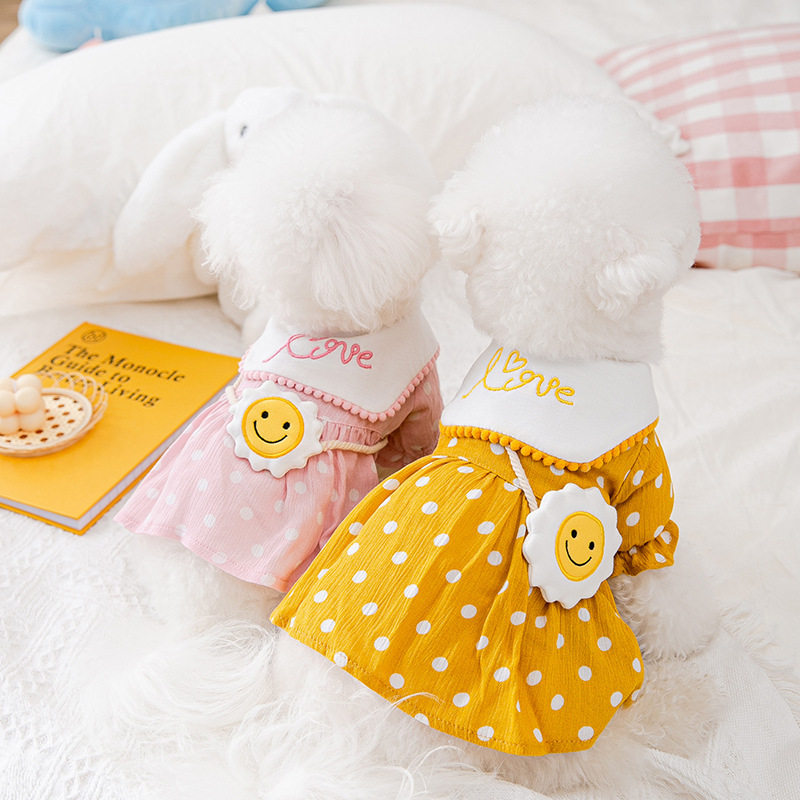 23 nueva primavera y el verano Delgado transpirable perro vestido de girasol bolsa mensajero ropa para mascotas gato falda