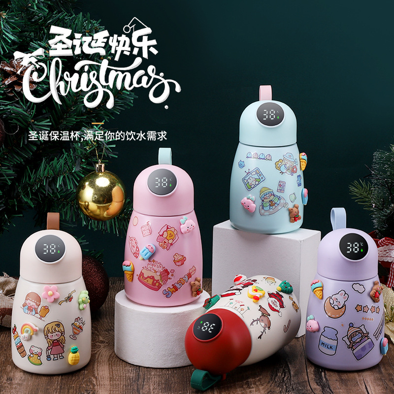 網紅新款智能聖誕杯子大肚保溫杯貼紙學生隨手杯便攜顯溫兒童壺