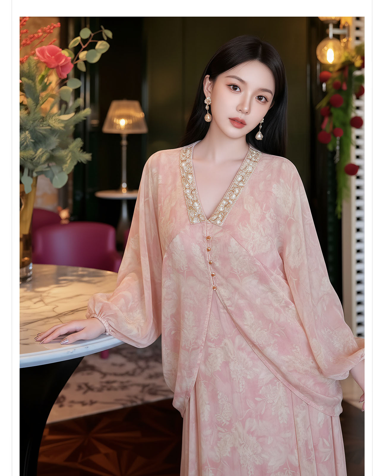 Đầm maxi nữ cổ V in hoa chất voan dài thắt eo thiết kế mùa hè — màu hồng chi tiết 2