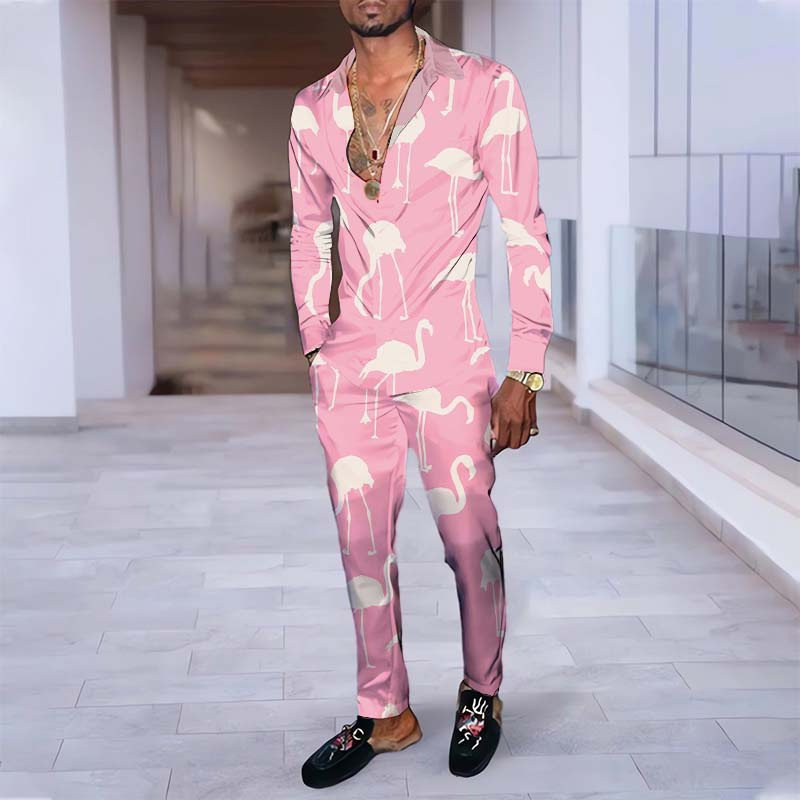 2024 Summer Casual Lapel Casual Long Sleeve Shirt Flamingo 3D Digital Printing Comfort Suit