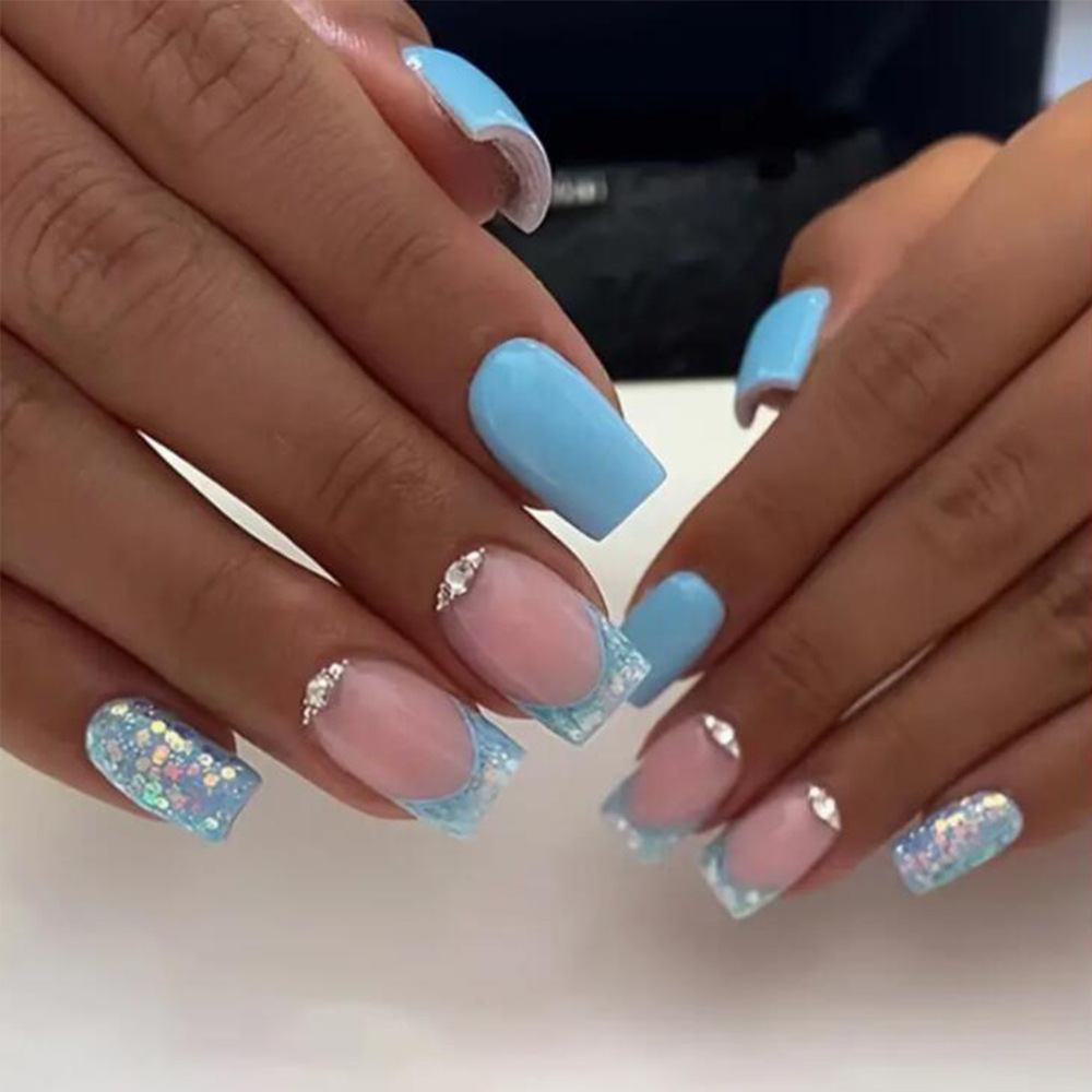 Venta caliente transfronteriza diamante estrella rosa azul arte de uñas desmontable ambiente de moda uñas de uso 24 piezas parche de uñas terminado