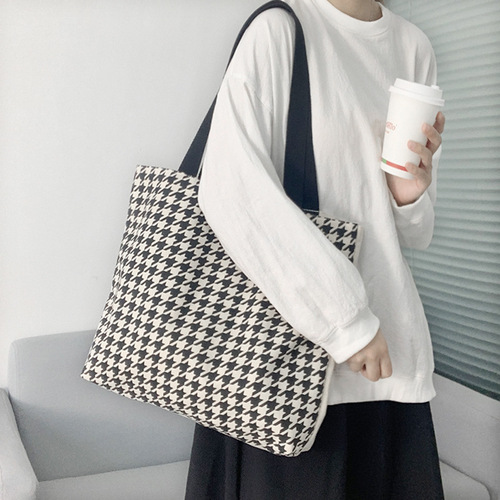 ins niche bag women's autumn and winter new houndstooth pattern retro versatile canvas bag single shoulder large capacity handbag