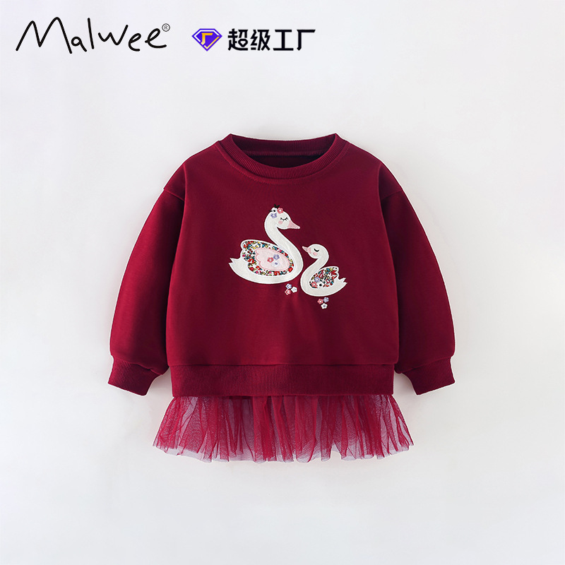 跨境malwee女童卫衣春秋款欧美中小童裙摆式洋气上衣圆领休闲套头|ms