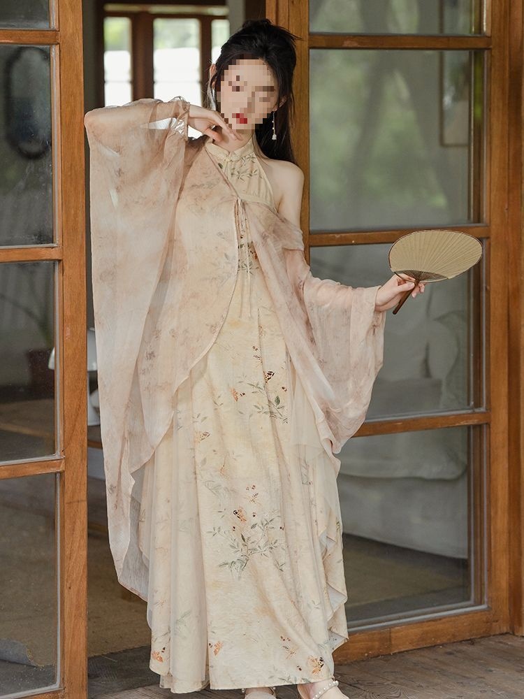 Jiangnan Water Town Cool Style Suit New Chinese Style Improved Cheongsam Ink Print Dress Zen Cardigan Two-Piece Set