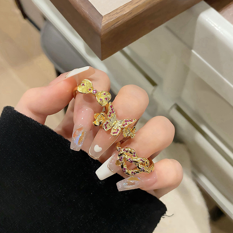 復古新品蝴蝶麥穗開口戒指女小眾設計麻花愛心時尚氣質指環潮