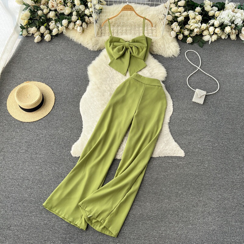 夏服の純色ファッションスーツの女性の蝶結びの胸のストラップの上着のオープンフォークの広い足のカジュアルなズボンの2つのセットのファッション|undefined