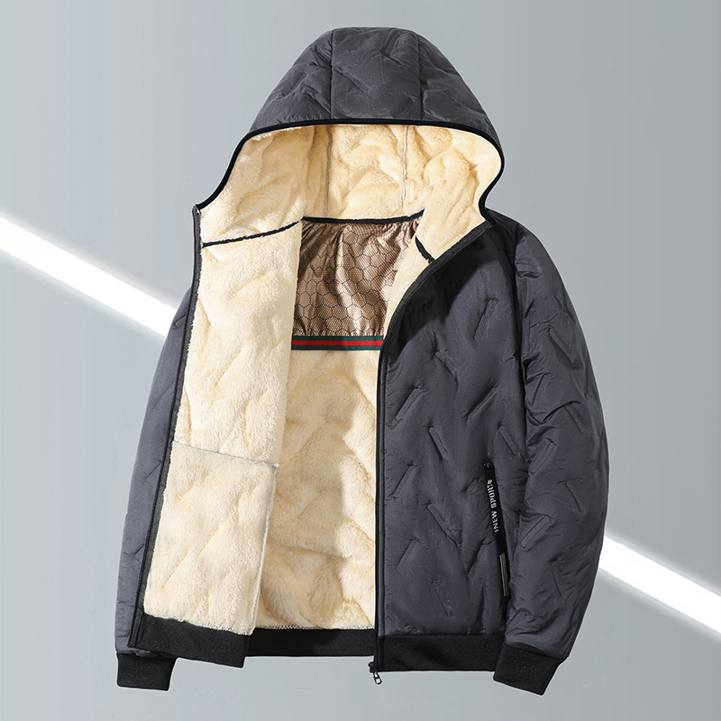 Chaqueta Acolchada con Capucha para Hombre de Poliéster Térmico con Forro de Lana de Cordero para Uso Casual