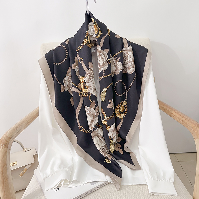Moda coreana impresa bufandas de seda 90 toallas diagonales de alta calidad cadena floral pañuelo solar bufandas
