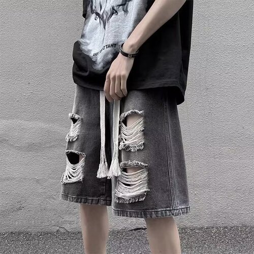 Men's Summer Thin Hole Five-Piece Denim Shorts, Japanese Style, Elastic Waist, Loose, Retro Streetwear Brand Casual Straight Leg Pants