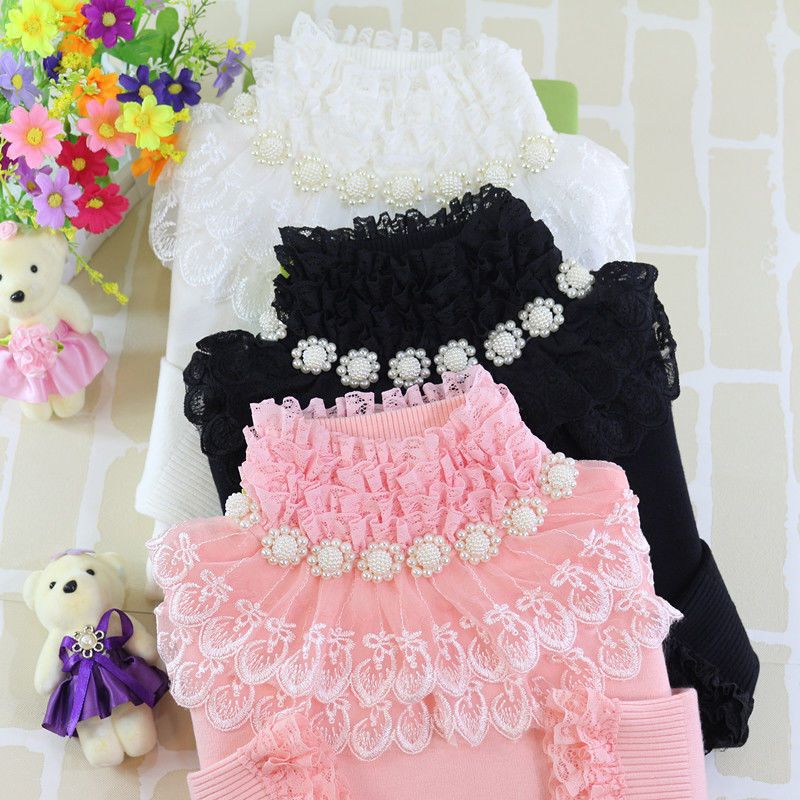 Autumn and Winter Sweet Beaded Lace High Collar Fleece-Lined Thickeneded Bottoming Shirt Long-Sleeved Slim Pullover Knitted Sweater for Women