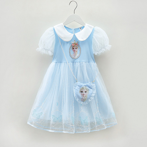 Girls Elsa Princess Dress 2024 Summer Dress Children's Frozen Style Mesh Dress Baby Short Sleeve Dress